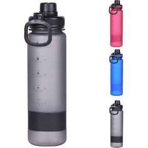 Water Bottle with Time Marker, 32oz Water Bottle with Spout Lid, Frosted Water Bottle for Outdoor Sports, Grey