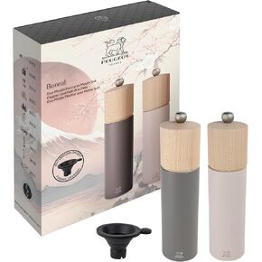 PEUGEOT - Duo Boreal Pepper Mill + Salt Mill 21 cm - Stainless Steel Funnel - Classic Setting - PEFC Certified Beech Wood - Made in France - Rock Grey & Pale Pink