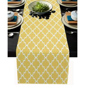 Dining Table Runner Dresser Scarf Linen Burlap Fabric,Geometric Patterned Moroccan Trellis Latticework Yellow and White Washable Table Runners 90 Inches Long for Home Kitchen Wedding Party Decor