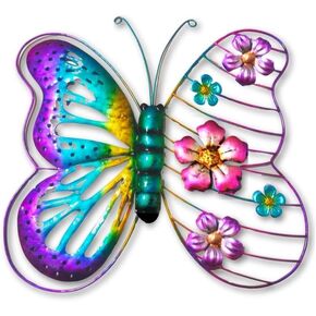 Metal Flower Butterfly Wall Decor Outdoor Indoor Wall Art Sculpture 13" Hanging Waterproof Garden Decorations Home Decorative Ornaments for Yard Fence Patio Balcony Bedroom Living Room Gift
