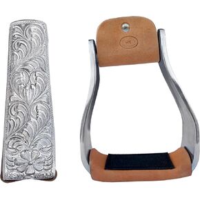 CHALLENGER Horse Saddle Stirrups Engraved Aluminum Western Riding Leather Tread 51194