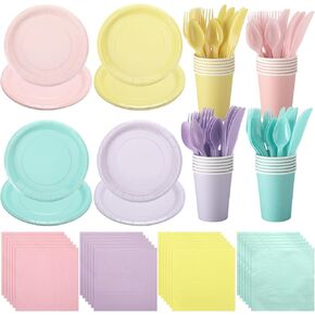 Mifoci 96 Pcs Pastel Disposable Dinnerware Set Include Pastel Paper Plates Cups Napkins Plastic Knives Forks Spoons Macaron Color Party Supplies for Birthday Decoration Wedding Baby Shower, 4 Colors
