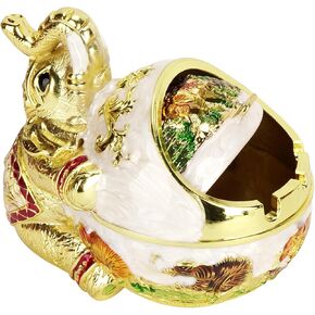 Elephant Ashtray with Lid for Outside Patio, Windproof Vintage Ash Tray for Indoor Outdoor Use, Decorative Elephant Hugging Globe Ashtray, Gift for Smokers, Gold White Finish
