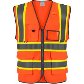 SHORFUNE High Visibility Safety Vest with Pockets, Mic Tab, Reflective Strips and Zipper, ANSI/ISEA Standards