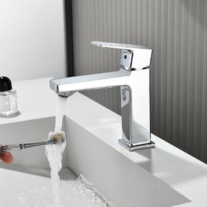 Bathroom Faucet 1 Hole,Chrome Silver Bathroom Sink Faucet,Modern One-Handle Bathroom Faucets with Water Supply Hoses for RV Lavatory Restroom Camper Farmhouse