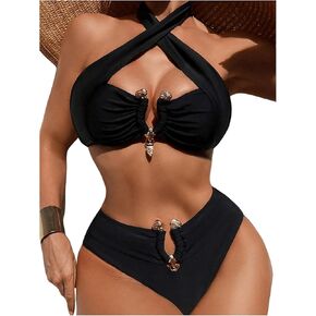 MakeMeChic Women's Two Piece Swimsuit Halter Criss Cross Backless Ring Summer Bikini Set