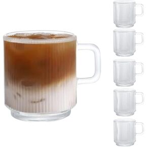 D.M DESIGN·MASTER [6 PACK, 12 OZ - Premium Glass Coffee Mugs with Handle. Transparent Tea Glasses for Hot/Cold Beverages, Perfect Design for Americano, Cappuccino, Tea and Beverage.