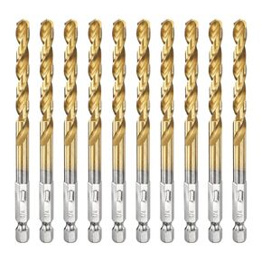 HARFINGTON 10pcs 1/4" Hex Shank Drill Bit 1/4" Gold Titanium M2 High Speed Steel Twist Drill Bit 135 Degree Split Point Tip Drilling Tool with Quick Change Hex Shank for Metal Wood Plastic