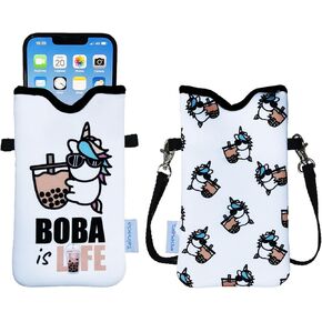 Men Women Neoprene Phone Sleeve Pouch Case Bag with Crossbody Strap/Neck Lanyard for iPhone 15/14 /13 Pro Max, 15/14 Plus Samsung S24, S23+, A54, Google Pixel 8 (Birds Floral Navy Blue)