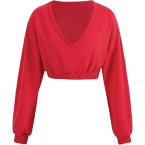OYOANGLE Women's Deep V Neck Long Sleeve Cropped Sweatshirts Solid Pullover Tops