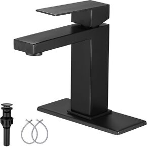 Single Handle Bathroom Faucet Matte Black GGStudy Bathroom Vanity Faucet One Hole Black Bathroom Sink Faucet Basin Matching Pop Up Drain with Overflow