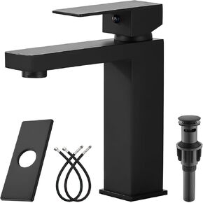 Bathroom Sink Faucet SUS304 Stainless Steel Single Handle Bathroom Faucet for Sink 1 Hole Basin Mixer Tap Deck Mount Lavatory Vanity Faucet,with Drain,Matte Black