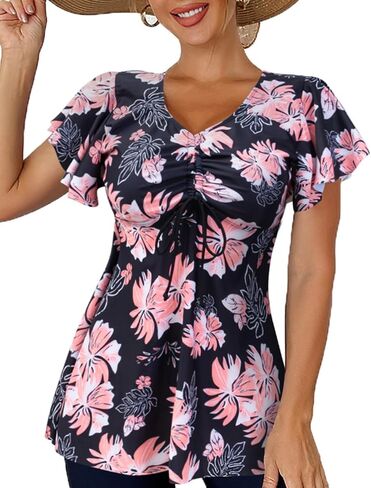 Fanuerg Women's Flowy Tankini Top Only Ruffle Sleeve Swim Bathing Suit Tops Modest Drawstring Swimsuit Top No Bottom in Saudi Arabia