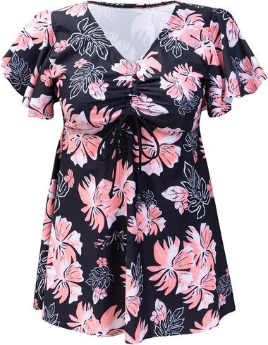 Fanuerg Women's Flowy Tankini Top Only Ruffle Sleeve Swim Bathing Suit Tops Modest Drawstring Swimsuit Top No Bottom in Saudi Arabia