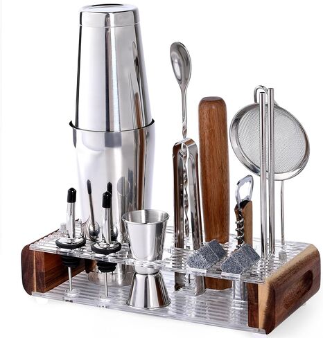 Mixology Bartender Kit with Stand - 15 قطعة شريط أدوات ، شريط الفضة مجموعة الكوكتيل مجموعة لخلط المشروبات - تشمل Martini Shaker ، jigger ، مصفاة ، ملعقة خلاط بار ، ملقط ، فتاحة | فكرة الهدية in Kuwait