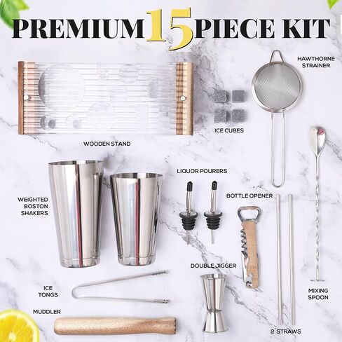 Mixology Bartender Kit with Stand - 15 قطعة شريط أدوات ، شريط الفضة مجموعة الكوكتيل مجموعة لخلط المشروبات - تشمل Martini Shaker ، jigger ، مصفاة ، ملعقة خلاط بار ، ملقط ، فتاحة | فكرة الهدية in Kuwait