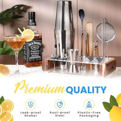 Mixology Bartender Kit with Stand - 15 قطعة شريط أدوات ، شريط الفضة مجموعة الكوكتيل مجموعة لخلط المشروبات - تشمل Martini Shaker ، jigger ، مصفاة ، ملعقة خلاط بار ، ملقط ، فتاحة | فكرة الهدية in Kuwait