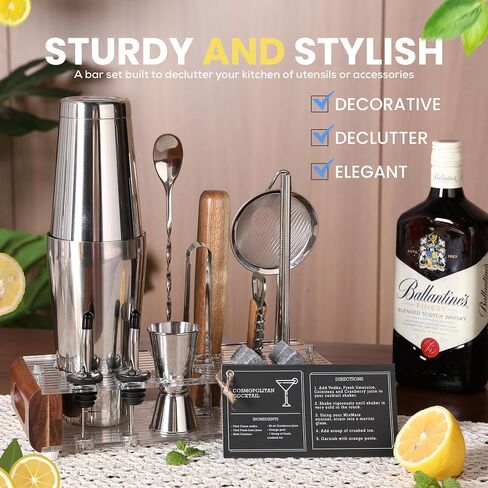 Mixology Bartender Kit with Stand - 15 قطعة شريط أدوات ، شريط الفضة مجموعة الكوكتيل مجموعة لخلط المشروبات - تشمل Martini Shaker ، jigger ، مصفاة ، ملعقة خلاط بار ، ملقط ، فتاحة | فكرة الهدية in Kuwait