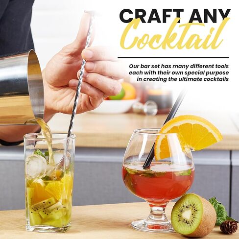 Mixology Bartender Kit with Stand - 15 قطعة شريط أدوات ، شريط الفضة مجموعة الكوكتيل مجموعة لخلط المشروبات - تشمل Martini Shaker ، jigger ، مصفاة ، ملعقة خلاط بار ، ملقط ، فتاحة | فكرة الهدية in Kuwait