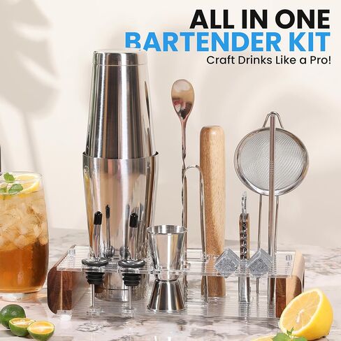 Mixology Bartender Kit with Stand - 15 قطعة شريط أدوات ، شريط الفضة مجموعة الكوكتيل مجموعة لخلط المشروبات - تشمل Martini Shaker ، jigger ، مصفاة ، ملعقة خلاط بار ، ملقط ، فتاحة | فكرة الهدية in Kuwait