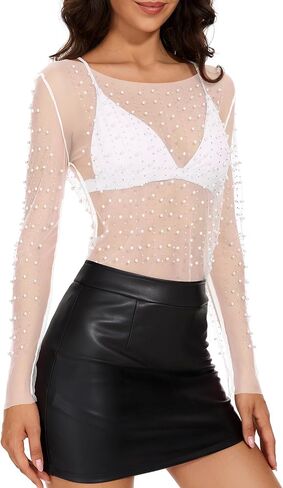 Zando Women Pearl Rhinestone Top See Through Tops Long Sleeve Mesh top Cover Up Going Out Tops Beaded Shirts in Saudi Arabia