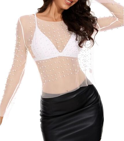 Zando Women Pearl Rhinestone Top See Through Tops Long Sleeve Mesh top Cover Up Going Out Tops Beaded Shirts in Saudi Arabia