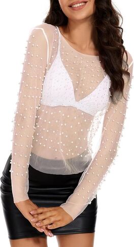 Zando Women Pearl Rhinestone Top See Through Tops Long Sleeve Mesh top Cover Up Going Out Tops Beaded Shirts in Saudi Arabia