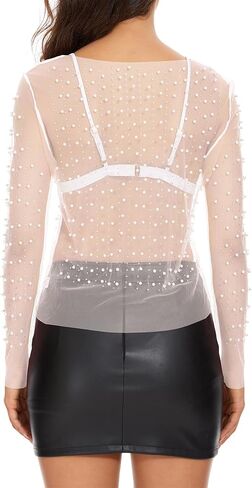 Zando Women Pearl Rhinestone Top See Through Tops Long Sleeve Mesh top Cover Up Going Out Tops Beaded Shirts in Saudi Arabia
