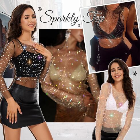 Zando Women Pearl Rhinestone Top See Through Tops Long Sleeve Mesh top Cover Up Going Out Tops Beaded Shirts in Saudi Arabia