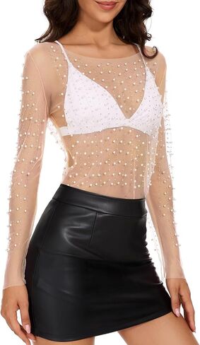 Zando Women Pearl Rhinestone Top See Through Tops Long Sleeve Mesh top Cover Up Going Out Tops Beaded Shirts in Saudi Arabia