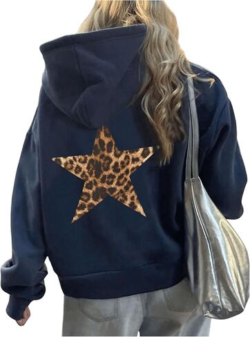 Milumia Women's Star Graphic Cheetah Print Hoodie Leopard Print Loose Fit Sweatshirt in Saudi Arabia