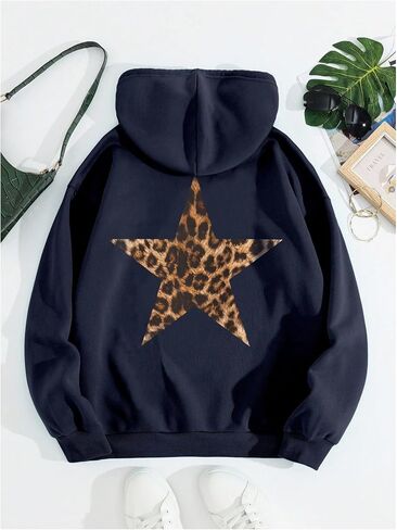 Milumia Women's Star Graphic Cheetah Print Hoodie Leopard Print Loose Fit Sweatshirt in Saudi Arabia