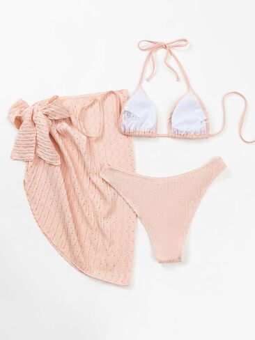 Spevert Women's 3 Piece Bikini Sets Halter Triangle Tie Fishnet Mesh Swimsuits with Beach Skirt Swimwear Set in Kuwait