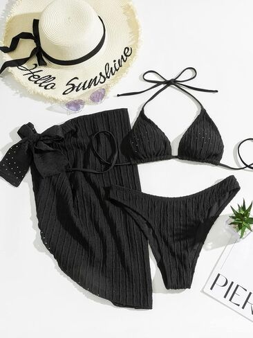 Spevert Women's 3 Piece Bikini Sets Halter Triangle Tie Fishnet Mesh Swimsuits with Beach Skirt Swimwear Set in Kuwait
