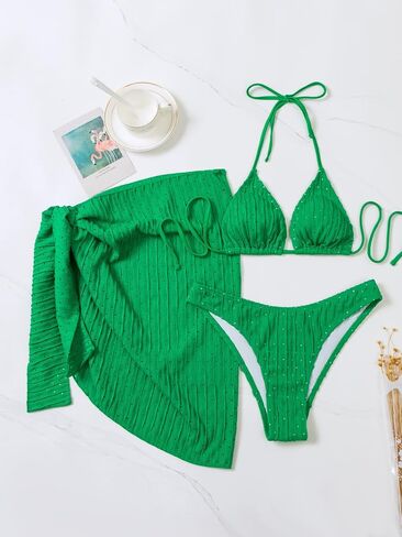 Spevert Women's 3 Piece Bikini Sets Halter Triangle Tie Fishnet Mesh Swimsuits with Beach Skirt Swimwear Set in Kuwait