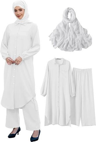 Abayas Dress for Women Muslim Robe Islamic Kaftan 3 PCS Set Long Sleeve Button Shirts Pants Hijab Dubai Outfits in Saudi Arabia