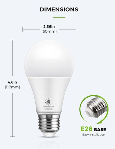 LOHAS Dusk to Dawn Light Bulbs Outdoor, Light Sensor Bulb 60W Equivalent, A19 LED Bulb Daylight 5000K, 9W Photocell Sensor LED, 900LM Auto On/Off Porch Light, E26 Base for Garage, 2Pack in Saudi Arabia