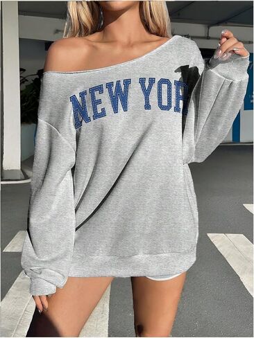 GORGLITTER Women's Letter Graphic Off Shoulder Sweatshirts Long Sleeve Preppy Sweatshirt Pullover in Saudi Arabia