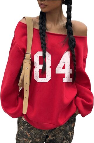 GORGLITTER Women's Letter Graphic Off Shoulder Sweatshirts Long Sleeve Preppy Sweatshirt Pullover in Saudi Arabia