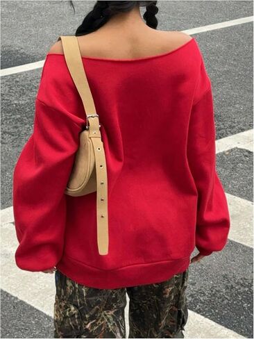 GORGLITTER Women's Letter Graphic Off Shoulder Sweatshirts Long Sleeve Preppy Sweatshirt Pullover in Saudi Arabia