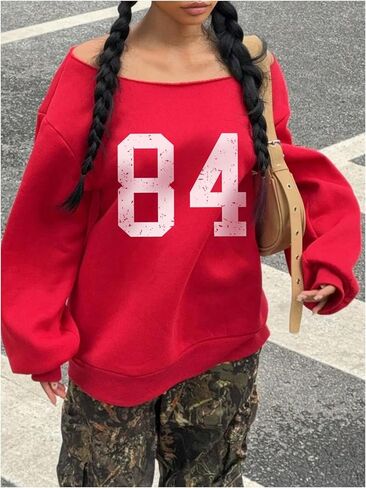 GORGLITTER Women's Letter Graphic Off Shoulder Sweatshirts Long Sleeve Preppy Sweatshirt Pullover in Saudi Arabia