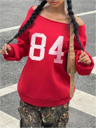 GORGLITTER Women's Letter Graphic Off Shoulder Sweatshirts Long Sleeve Preppy Sweatshirt Pullover in Saudi Arabia