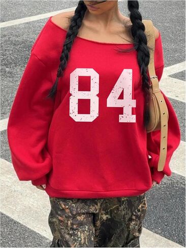 GORGLITTER Women's Letter Graphic Off Shoulder Sweatshirts Long Sleeve Preppy Sweatshirt Pullover in Saudi Arabia