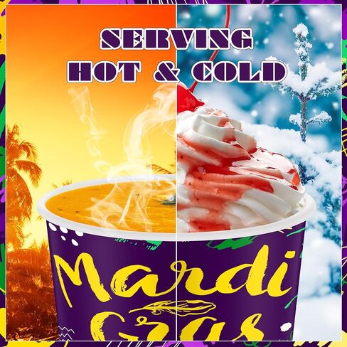 Umigy 180 Pcs Mardi Gras Paper Ice Cream Cups 9 oz Mardi Gras Disposable Dessert Bowls Paper Snack Paper Cups Soup Cups Masquerade Party Supplies for Hot or Cold Food in Kuwait