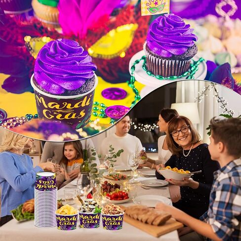 Umigy 180 Pcs Mardi Gras Paper Ice Cream Cups 9 oz Mardi Gras Disposable Dessert Bowls Paper Snack Paper Cups Soup Cups Masquerade Party Supplies for Hot or Cold Food in Kuwait