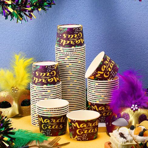 Umigy 180 Pcs Mardi Gras Paper Ice Cream Cups 9 oz Mardi Gras Disposable Dessert Bowls Paper Snack Paper Cups Soup Cups Masquerade Party Supplies for Hot or Cold Food in Kuwait
