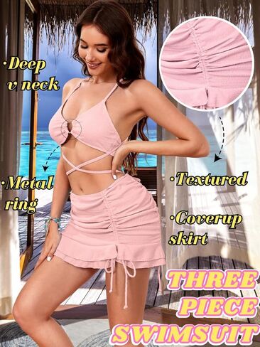 3 Piece Swimsuits for Women,Ribbed Bikini Set with Ruffle Cover Up Skirt,Criss Cross Bathing Suits Beach Vacation in Kuwait