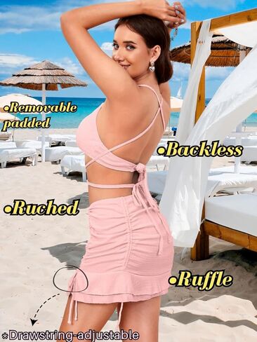 3 Piece Swimsuits for Women,Ribbed Bikini Set with Ruffle Cover Up Skirt,Criss Cross Bathing Suits Beach Vacation in Kuwait