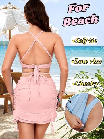 3 Piece Swimsuits for Women,Ribbed Bikini Set with Ruffle Cover Up Skirt,Criss Cross Bathing Suits Beach Vacation in Kuwait