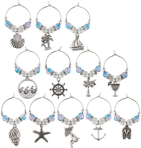 SUNNYCLUE 1 BOX 12PCS Silver Beach Drink Charms Bulk Wine Glass Identifiers Alloy Antique Summer Ocean Beach Shell Drinks Marker Charms Tags for Gathering Wedding Holiday Gift Party Favor Drinks Decor in Saudi Arabia